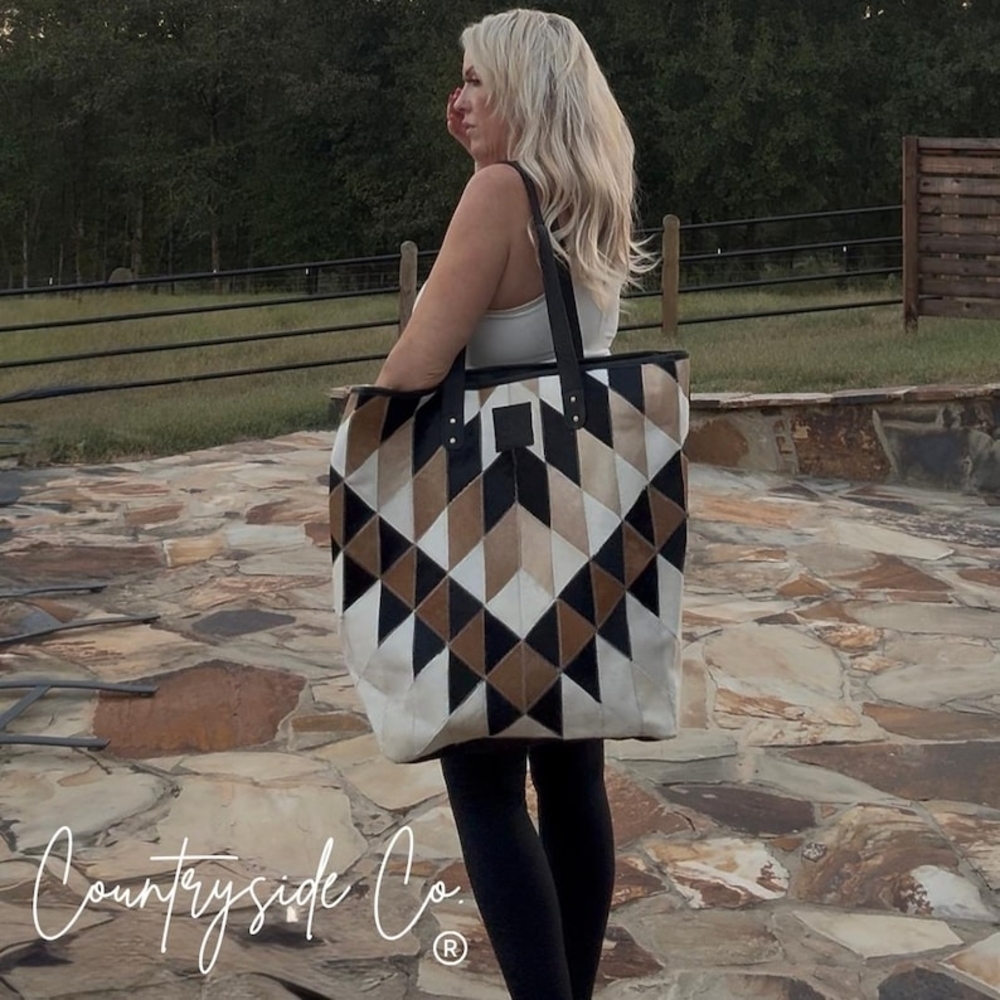 Geometric Leather Tote - Black, Brown, and White - Picture 5 of 6